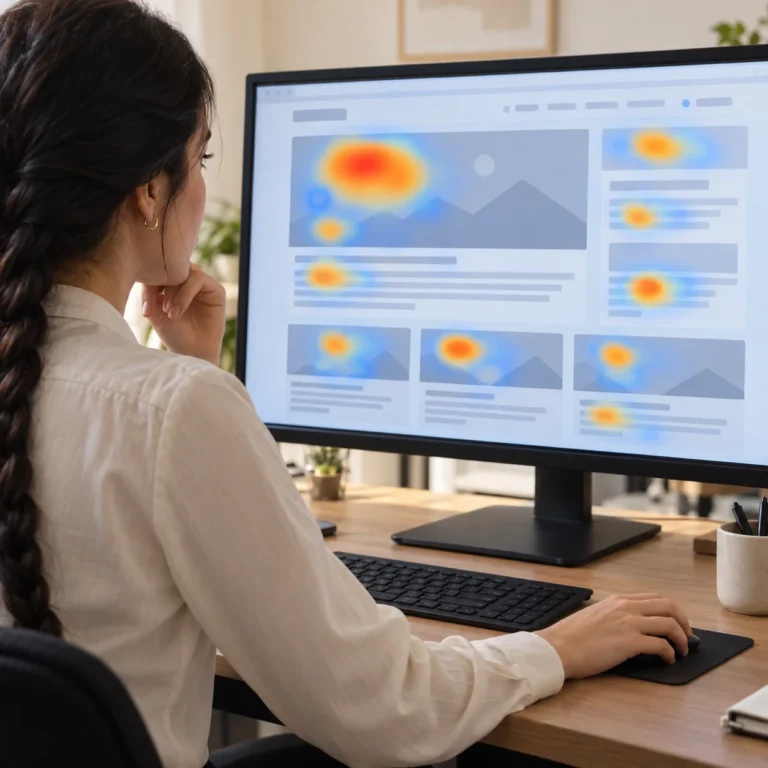 Masaüstü ekranda web sayfası etkileşim haritasını inceleyen uzman
